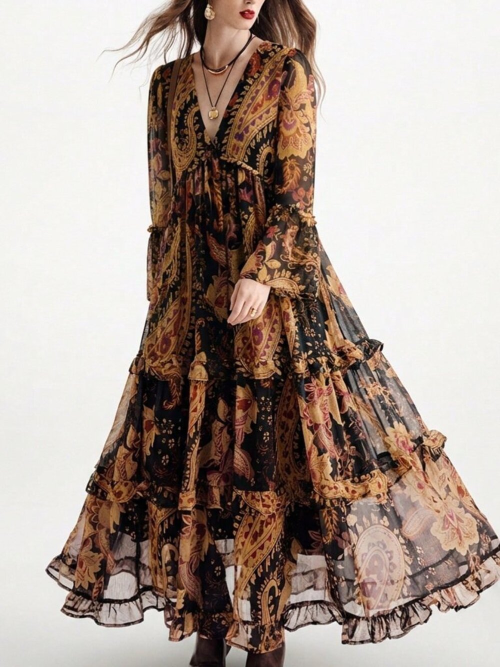 Multicolor Boho Women's Chiffon Flowy Dress - Picture 4 of 7